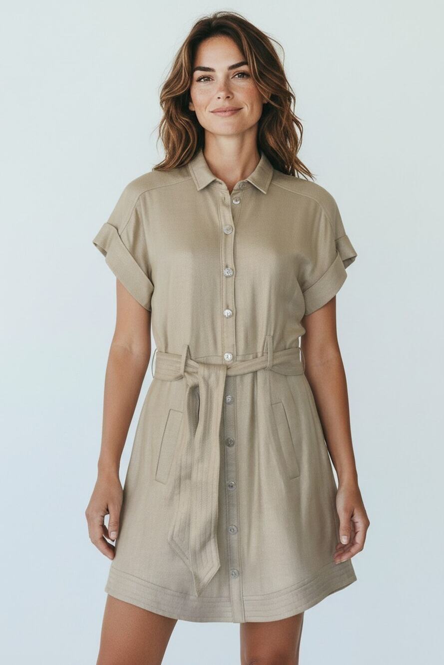 B6 NEW VERONICA BEARD Sadia Beige Viscose Short Sleeve Tie Belt Shirt Dress Sz 0